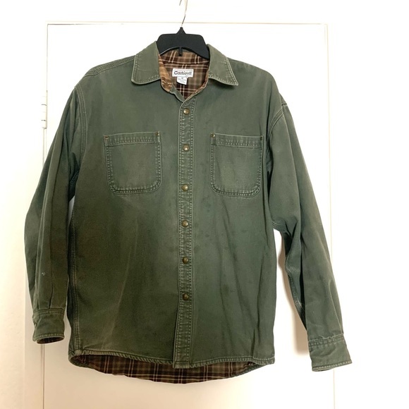 Carhartt Other - Vintage Carhartt Barn Jacket Khaki Green Cotton Canvas Flannel Lined Shacket